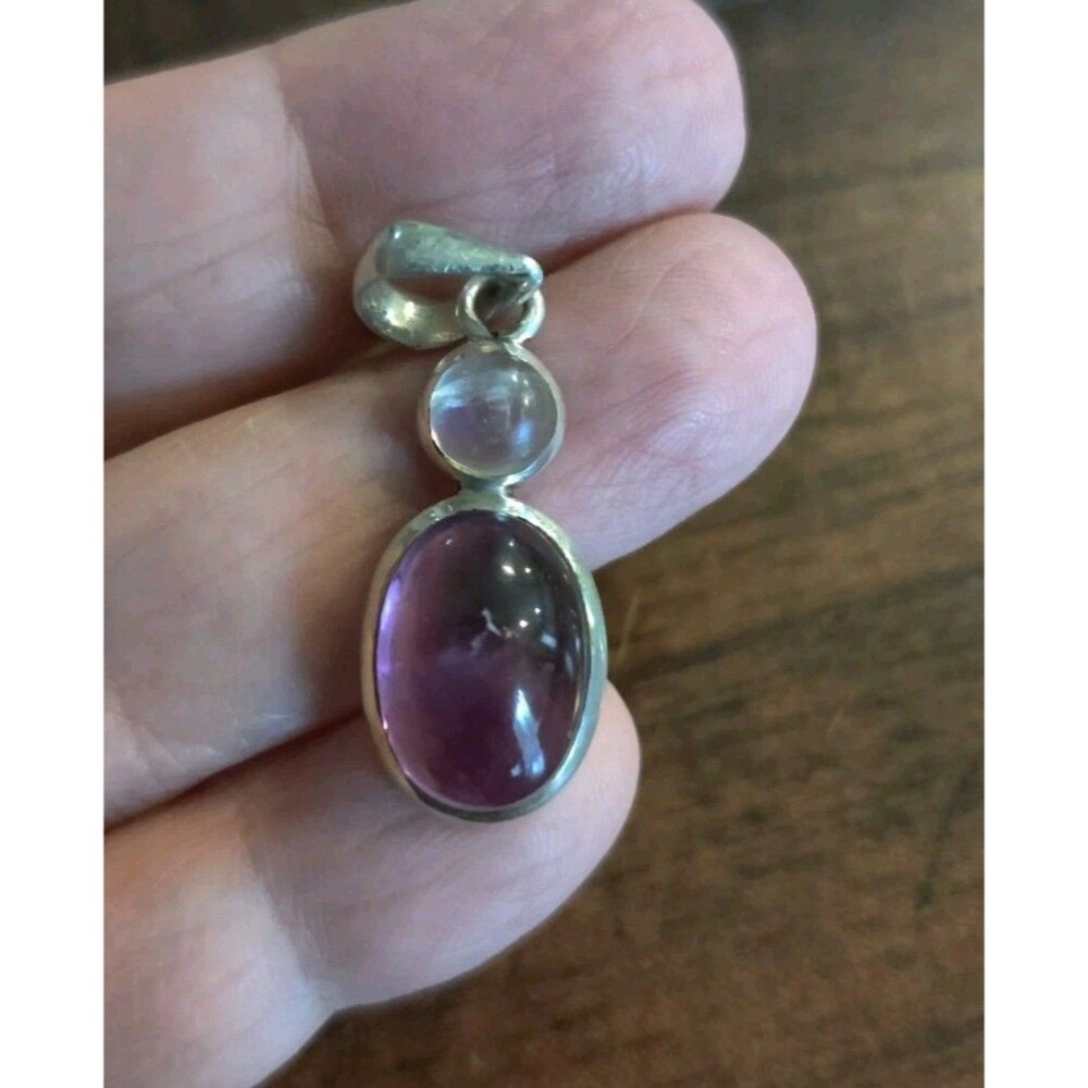 Amethyst Oval Double Gem 925 Sterling Silver 1" Pendant Signed 4g READ